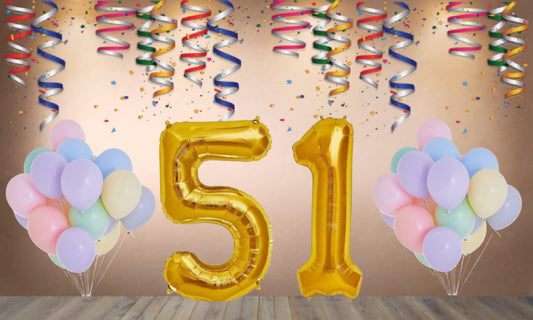 Number  51 Gold Foil Balloon and 25 Nos Pastel Color Latex Balloon Combo