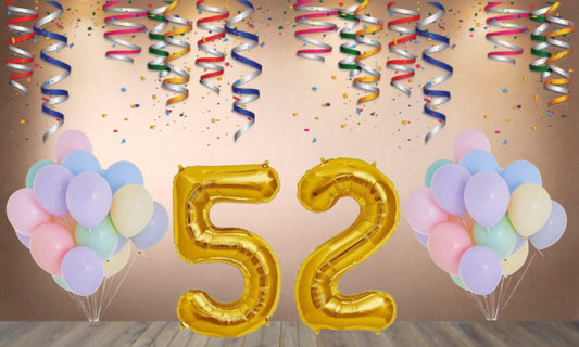 Number 52  Gold Foil Balloon and 25 Nos Pastel Color Latex Balloon Combo