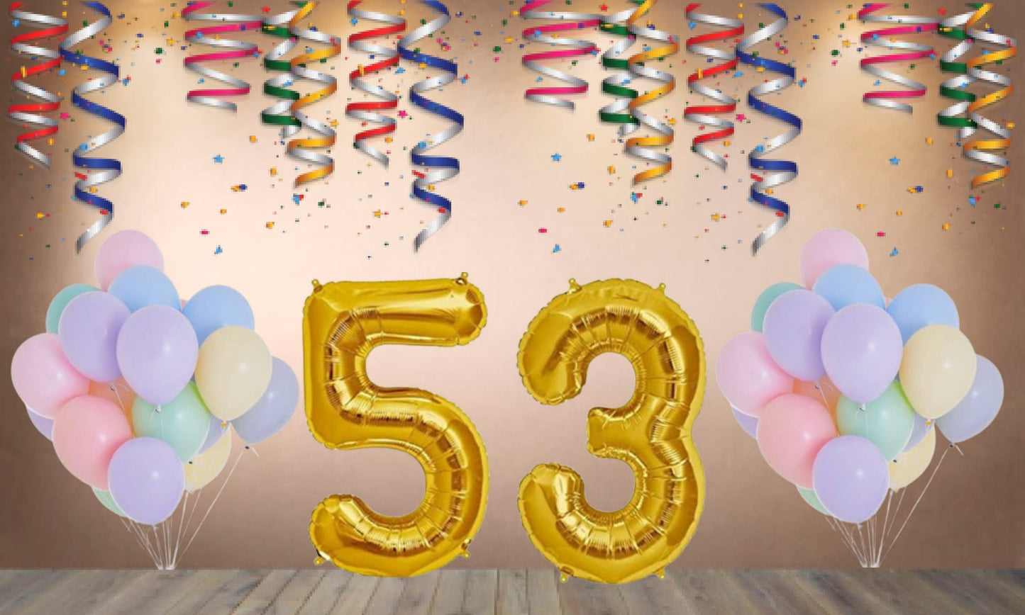 Number  53 Gold Foil Balloon and 25 Nos Pastel Color Latex Balloon Combo