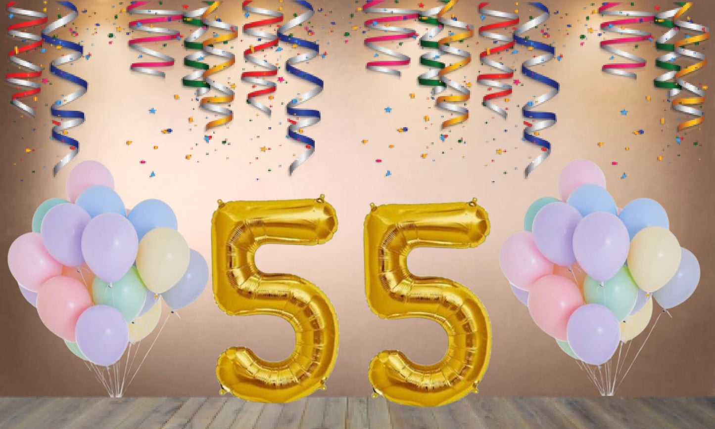 Number  55 Gold Foil Balloon and 25 Nos Pastel Color Latex Balloon Combo