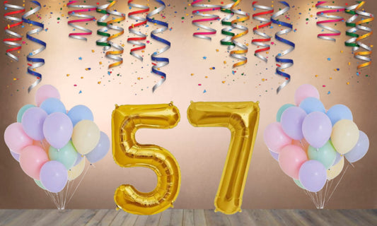 Number 57  Gold Foil Balloon and 25 Nos Pastel Color Latex Balloon Combo