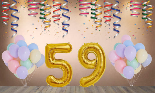 Number 59  Gold Foil Balloon and 25 Nos Pastel Color Latex Balloon Combo