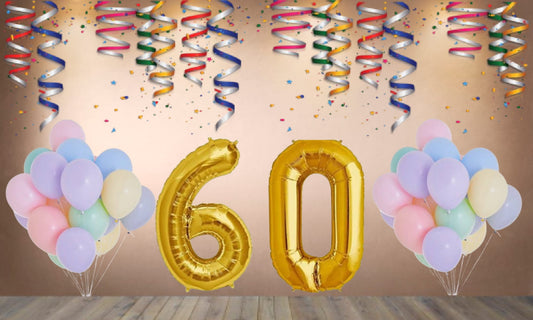 Number 60  Gold Foil Balloon and 25 Nos Pastel Color Latex Balloon Combo