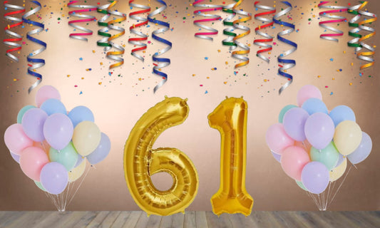 Number 61  Gold Foil Balloon and 25 Nos Pastel Color Latex Balloon Combo