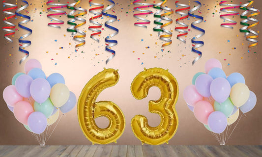 Number 63  Gold Foil Balloon and 25 Nos Pastel Color Latex Balloon Combo