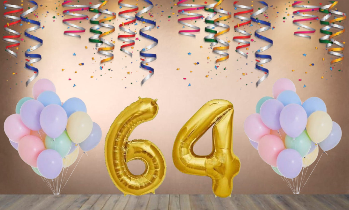 Number 64  Gold Foil Balloon and 25 Nos Pastel Color Latex Balloon Combo