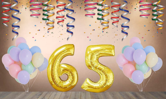 Number 65  Gold Foil Balloon and 25 Nos Pastel Color Latex Balloon Combo