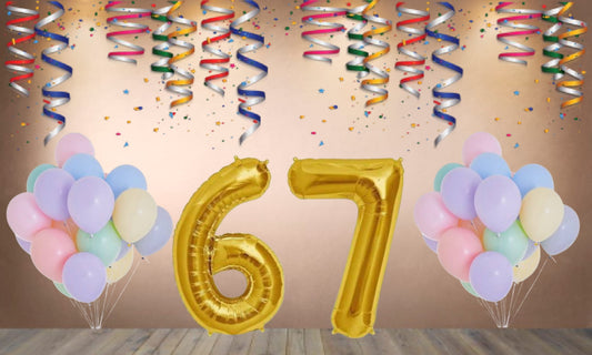 Number 67  Gold Foil Balloon and 25 Nos Pastel Color Latex Balloon Combo
