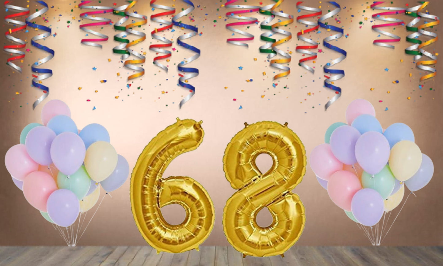 Number 68  Gold Foil Balloon and 25 Nos Pastel Color Latex Balloon Combo