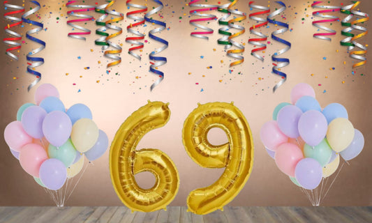 Number 69  Gold Foil Balloon and 25 Nos Pastel Color Latex Balloon Combo
