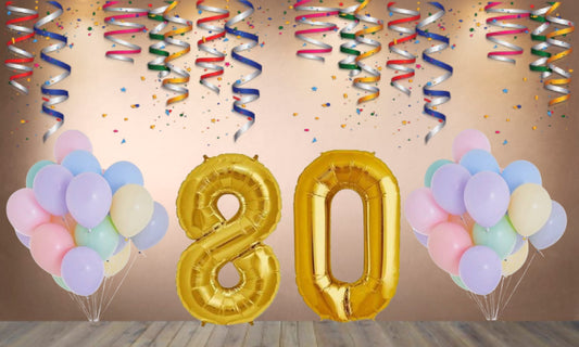 Number  80 Gold Foil Balloon and 25 Nos Pastel Color Latex Balloon Combo