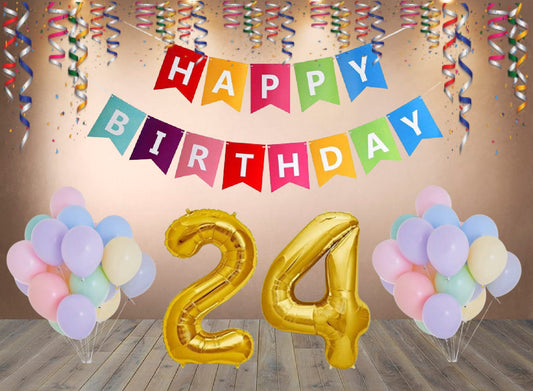 Number 24  Gold Foil Balloon and 25 Nos Pastel Color Latex Balloon and Happy Birthday Banner Combo