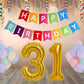 Number 31  Gold Foil Balloon and 25 Nos Pastel Color Latex Balloon and Happy Birthday Banner Combo