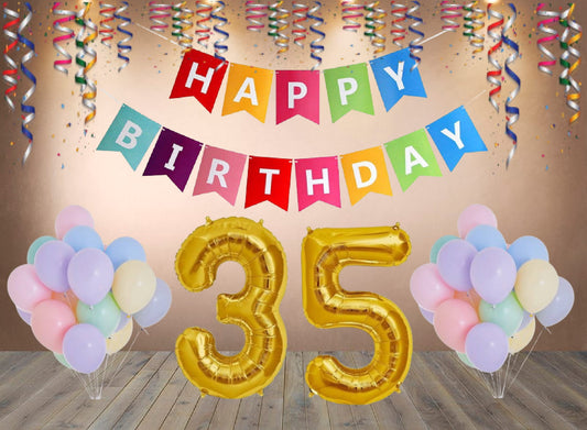 Number 35  Gold Foil Balloon and 25 Nos Pastel Color Latex Balloon and Happy Birthday Banner Combo