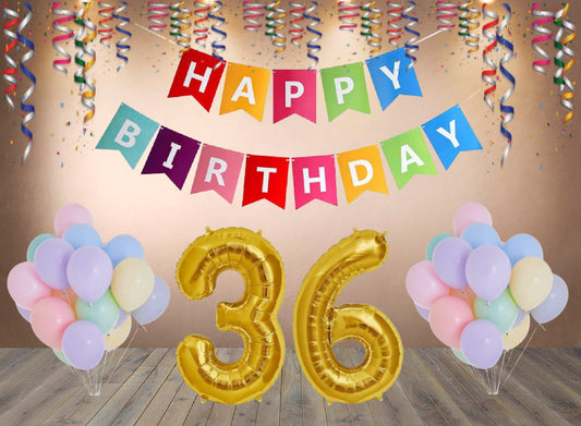 Number  36 Gold Foil Balloon and 25 Nos Pastel Color Latex Balloon and Happy Birthday Banner Combo