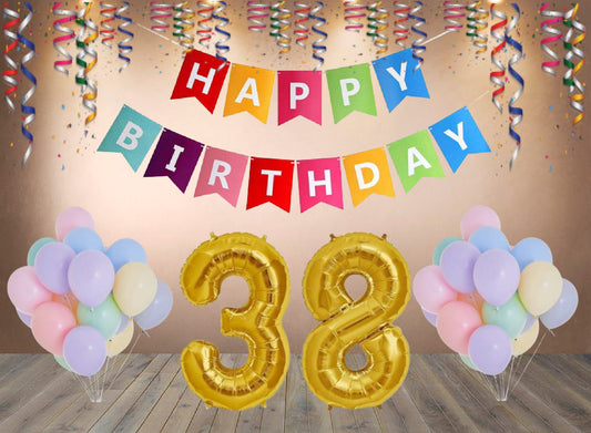Number 38  Gold Foil Balloon and 25 Nos Pastel Color Latex Balloon and Happy Birthday Banner Combo