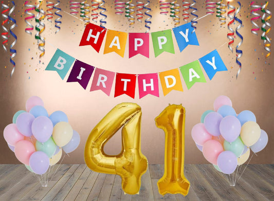 Number 41  Gold Foil Balloon and 25 Nos Pastel Color Latex Balloon and Happy Birthday Banner Combo