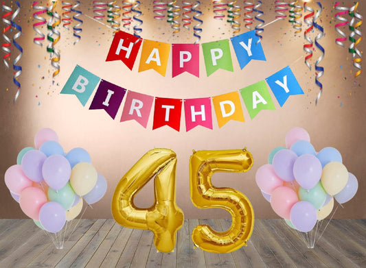 Number 45  Gold Foil Balloon and 25 Nos Pastel Color Latex Balloon and Happy Birthday Banner Combo