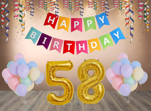 Number  58 Gold Foil Balloon and 25 Nos Pastel Color Latex Balloon and Happy Birthday Banner Combo