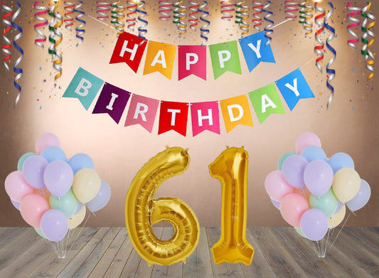 Number 61  Gold Foil Balloon and 25 Nos Pastel Color Latex Balloon and Happy Birthday Banner Combo