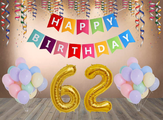 Number 62  Gold Foil Balloon and 25 Nos Pastel Color Latex Balloon and Happy Birthday Banner Combo