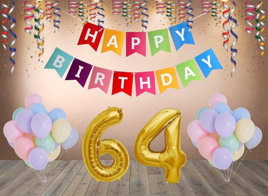 Number 64  Gold Foil Balloon and 25 Nos Pastel Color Latex Balloon and Happy Birthday Banner Combo