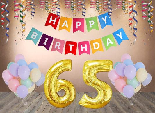 Number 65  Gold Foil Balloon and 25 Nos Pastel Color Latex Balloon and Happy Birthday Banner Combo