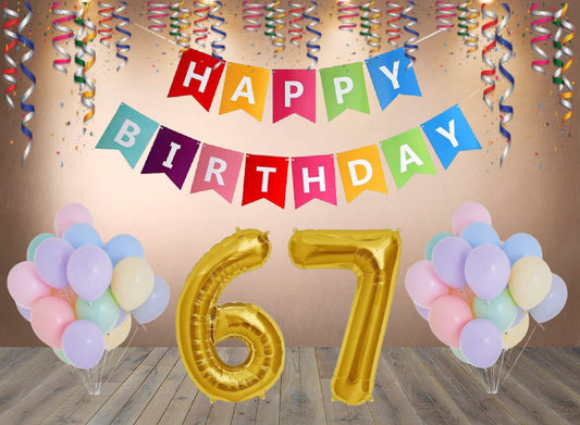 Number 67  Gold Foil Balloon and 25 Nos Pastel Color Latex Balloon and Happy Birthday Banner Combo
