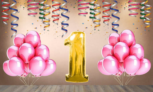 Number 1 Gold Foil Balloon and 25 Nos Pink Color Latex Balloon Combo
