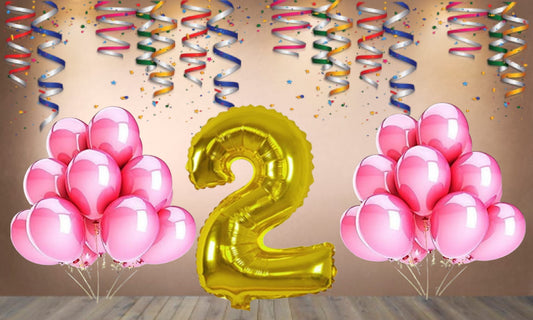 Number 2 Gold Foil Balloon and 25 Nos Pink Color Latex Balloon Combo