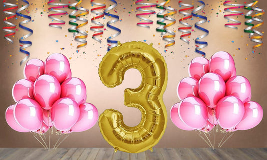 Number 3 Gold Foil Balloon and 25 Nos Pink Color Latex Balloon Combo
