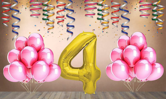 Number 4 Gold Foil Balloon and 25 Nos Pink Color Latex Balloon Combo