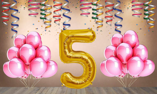 Number 5 Gold Foil Balloon and 25 Nos Pink Color Latex Balloon Combo