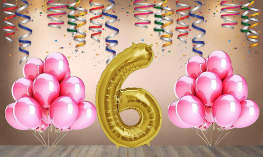 Number 6 Gold Foil Balloon and 25 Nos Pink Color Latex Balloon Combo