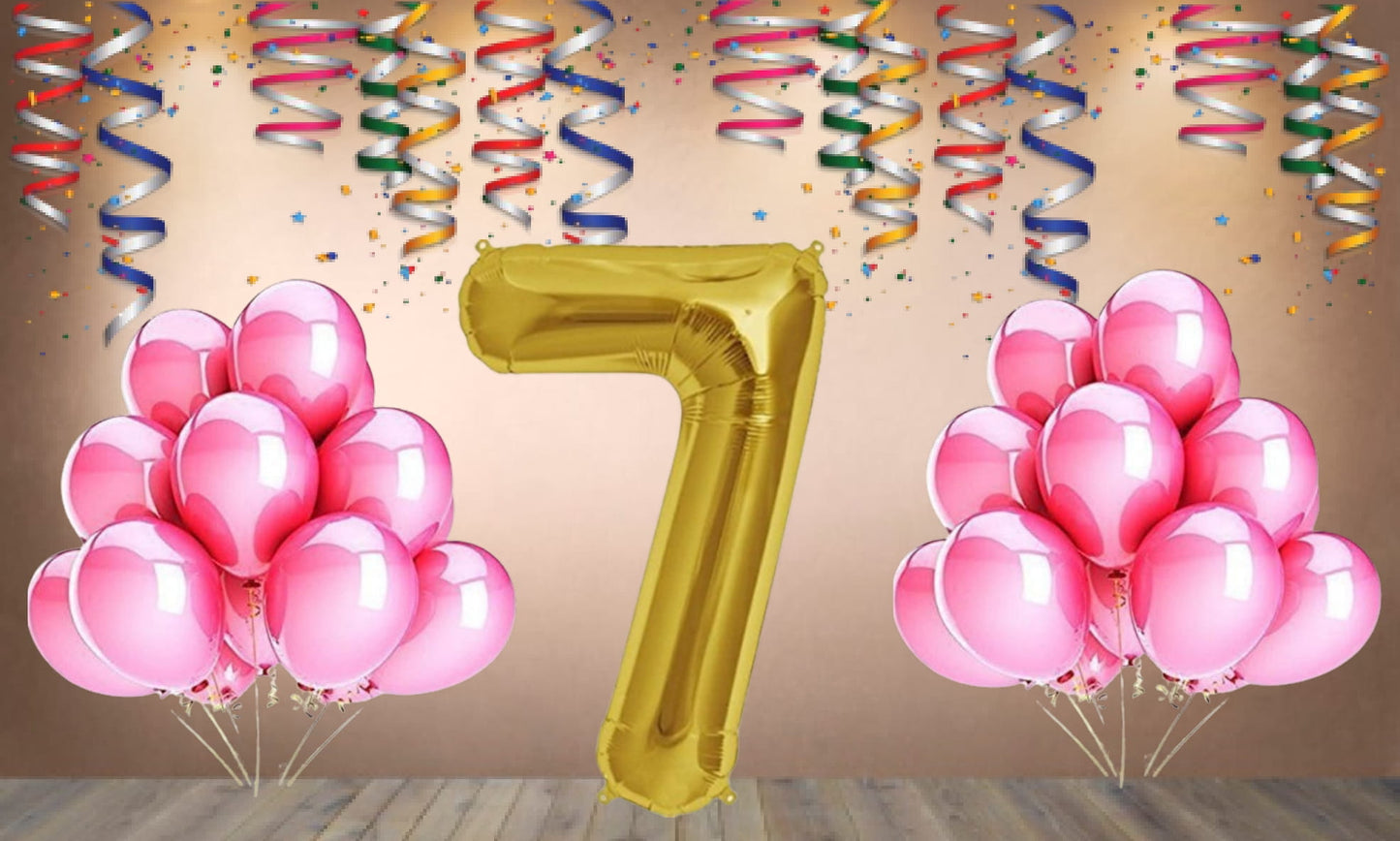 Number 7 Gold Foil Balloon and 25 Nos Pink Color Latex Balloon Combo