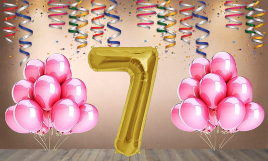 Number 7 Gold Foil Balloon and 25 Nos Pink Color Latex Balloon Combo