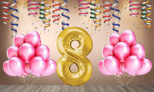 Number 8 Gold Foil Balloon and 25 Nos Pink Color Latex Balloon Combo