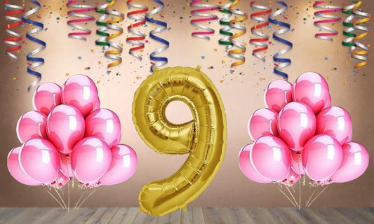 Number 9 Gold Foil Balloon and 25 Nos Pink Color Latex Balloon Combo