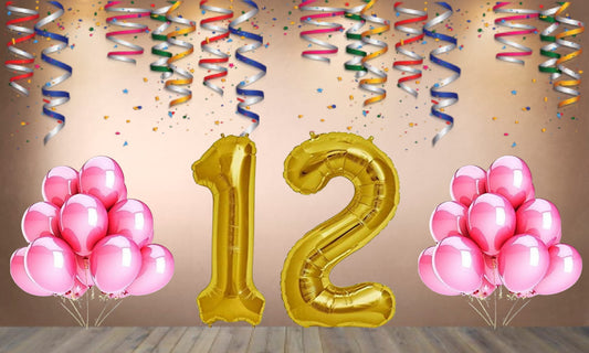 Number 12 Gold Foil Balloon and 25 Nos Pink Color Latex Balloon Combo