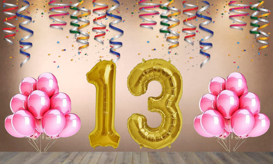Number 13 Gold Foil Balloon and 25 Nos Pink Color Latex Balloon Combo
