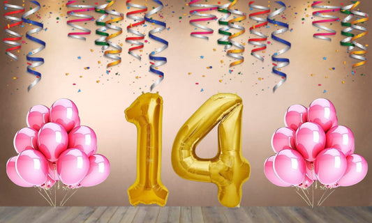 Number 14 Gold Foil Balloon and 25 Nos Pink Color Latex Balloon Combo