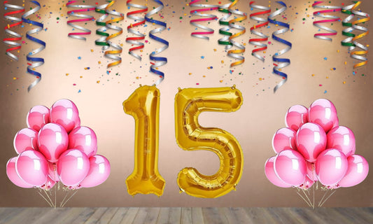 Number 15 Gold Foil Balloon and 25 Nos Pink Color Latex Balloon Combo