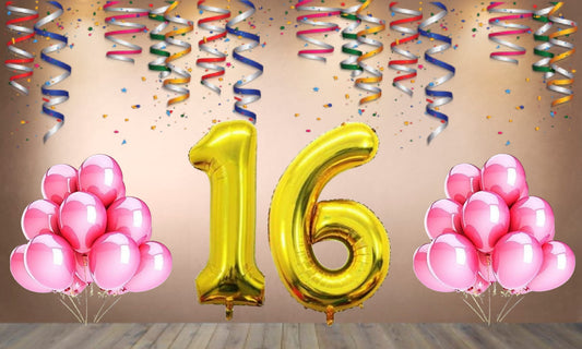 Number 16 Gold Foil Balloon and 25 Nos Pink Color Latex Balloon Combo