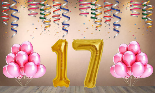 Number 17 Gold Foil Balloon and 25 Nos Pink Color Latex Balloon Combo