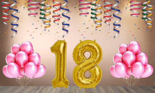 Number 18 Gold Foil Balloon and 25 Nos Pink Color Latex Balloon Combo