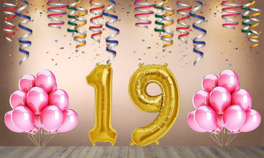 Number 19 Gold Foil Balloon and 25 Nos Pink Color Latex Balloon Combo