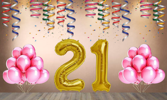 Number 21 Gold Foil Balloon and 25 Nos Pink Color Latex Balloon Combo