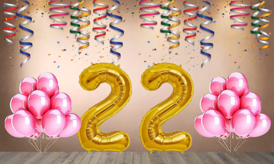 Number 22 Gold Foil Balloon and 25 Nos Pink Color Latex Balloon Combo