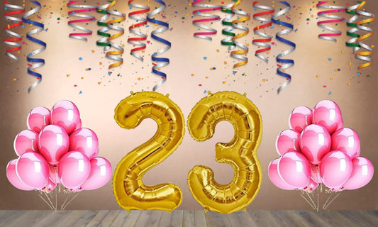 Number 23 Gold Foil Balloon and 25 Nos Pink Color Latex Balloon Combo