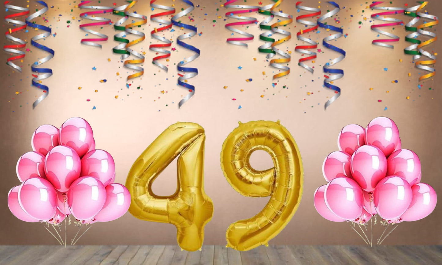 Number 49 Gold Foil Balloon and 25 Nos Pink Color Latex Balloon Combo